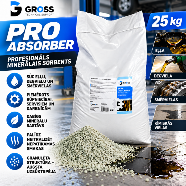 Profesionāls absorbents (sorbents) eļļai un ķīmiskajām vielām PRO ABSORBER 25 kg GROSS