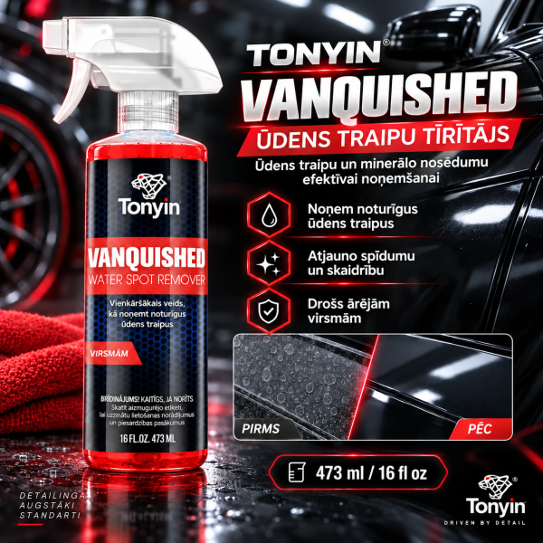 Ūdens traipu un minerālo nosēdumu tīrīšanas līdzeklis VANQUISHED Water Spot Remover 473 ml TONYIN