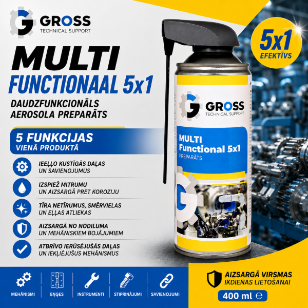 Universāls smērvielas, tīrītājs un pretkorozijas aerosols Multi Functional PROF 5×1 400 ml GROSS